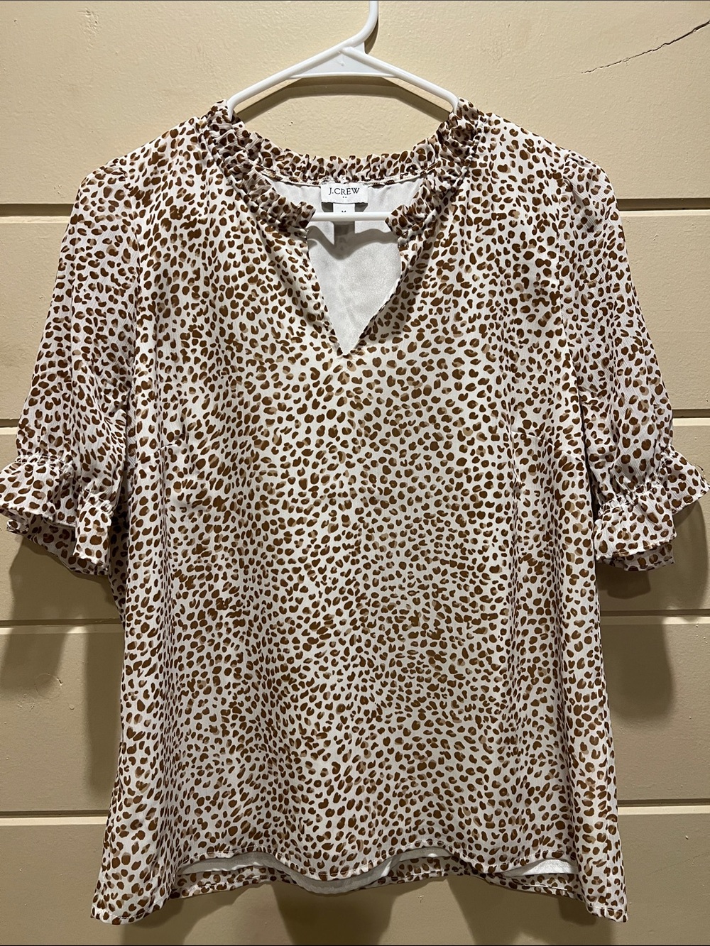 J. Crew Brown and Cream Leopard Print Ruffle Sleeve Blouse